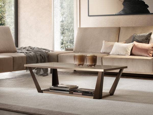 Elegant coffee table with glossy marble finish or lacquered glass bronze