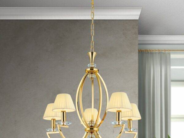Avala Chandelier, 5 lamps, 24K gold plated and champagne shades