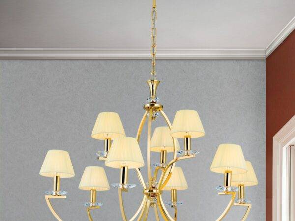 Avala Chandelier, 9 lamps, 24K gold plated and champagne shades