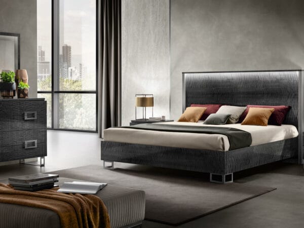 Moderna bed in a smoky grey Sycamore wood finish