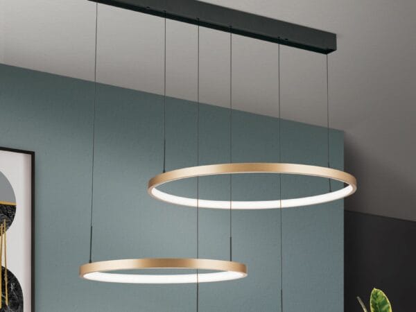 LED pendant lamp SPHERE, gold matt, with 3 light rings