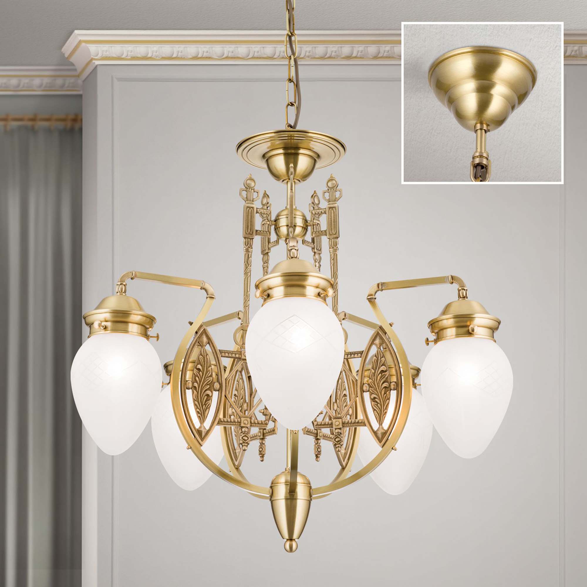 Chandelier BUDAPEST, 5-flames, bronze, with clear frosted glass